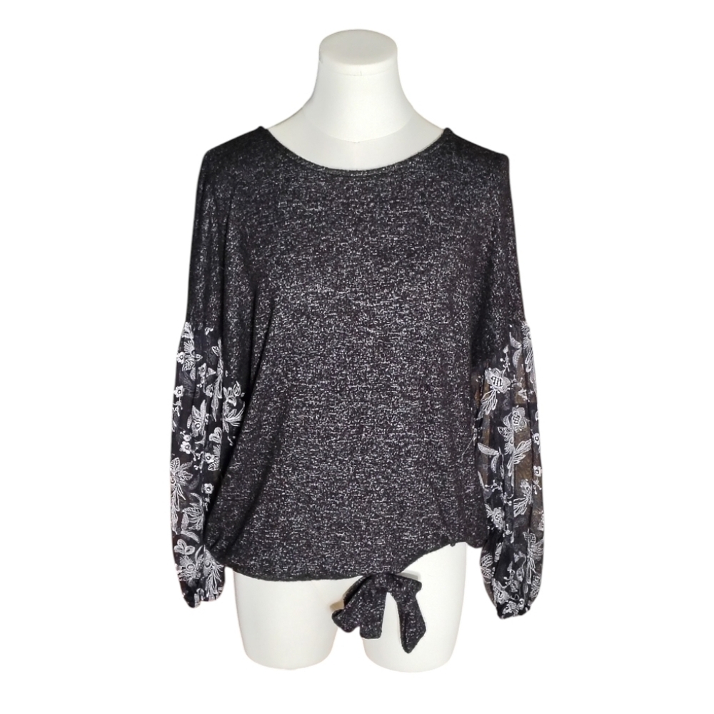 Daytrip Super Soft Black Sweater with Sheer White Floral Sleeves Size Small